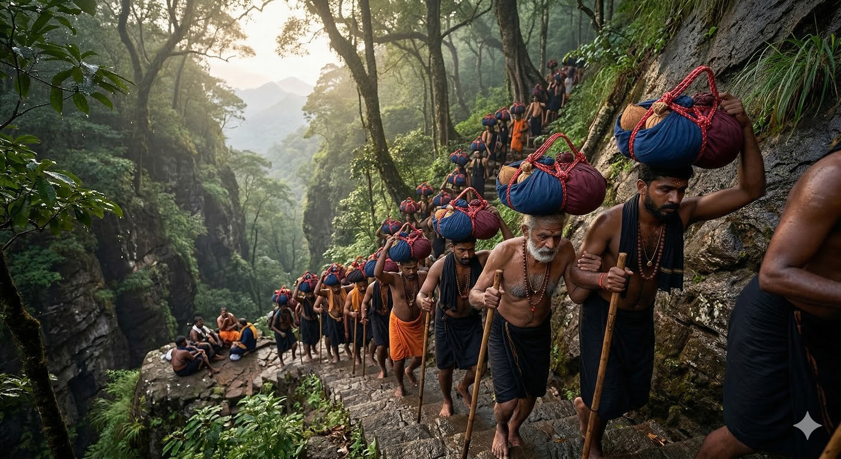 Pilgrims climbing the hill path in an orderly way